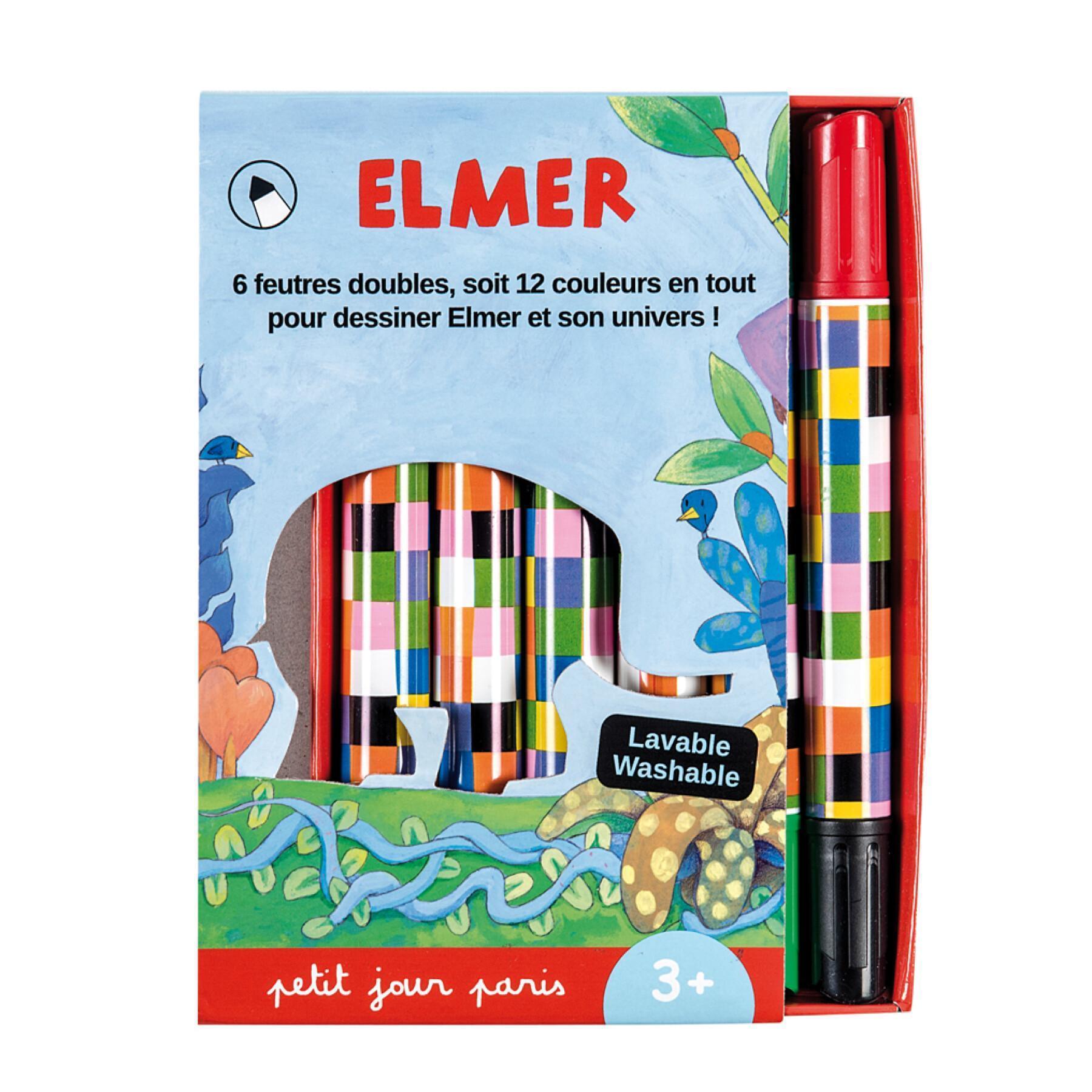 Caixa de 6 marcadores de ponta dupla para crianças em duas cores Petit Jour Elmer