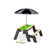 Mesa de actividades de areia e água, e mesa de piquenique (1 banco) com guarda-sol e ferramentas de jardinagem Exit Toys Aksent