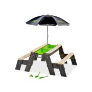 Mesa de actividades de areia e água e mesa de piquenique (2 bancos) com guarda-sol e ferramentas de jardinagem Exit Toys Aksent